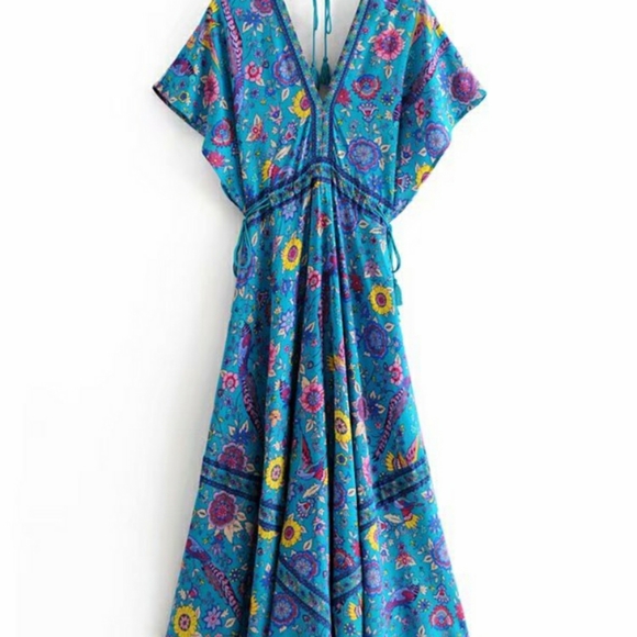 5โญ Artemis Lovebirds Teal Blue Floral & Bird Print Boho Maxi Dress - Picture 4 of 7